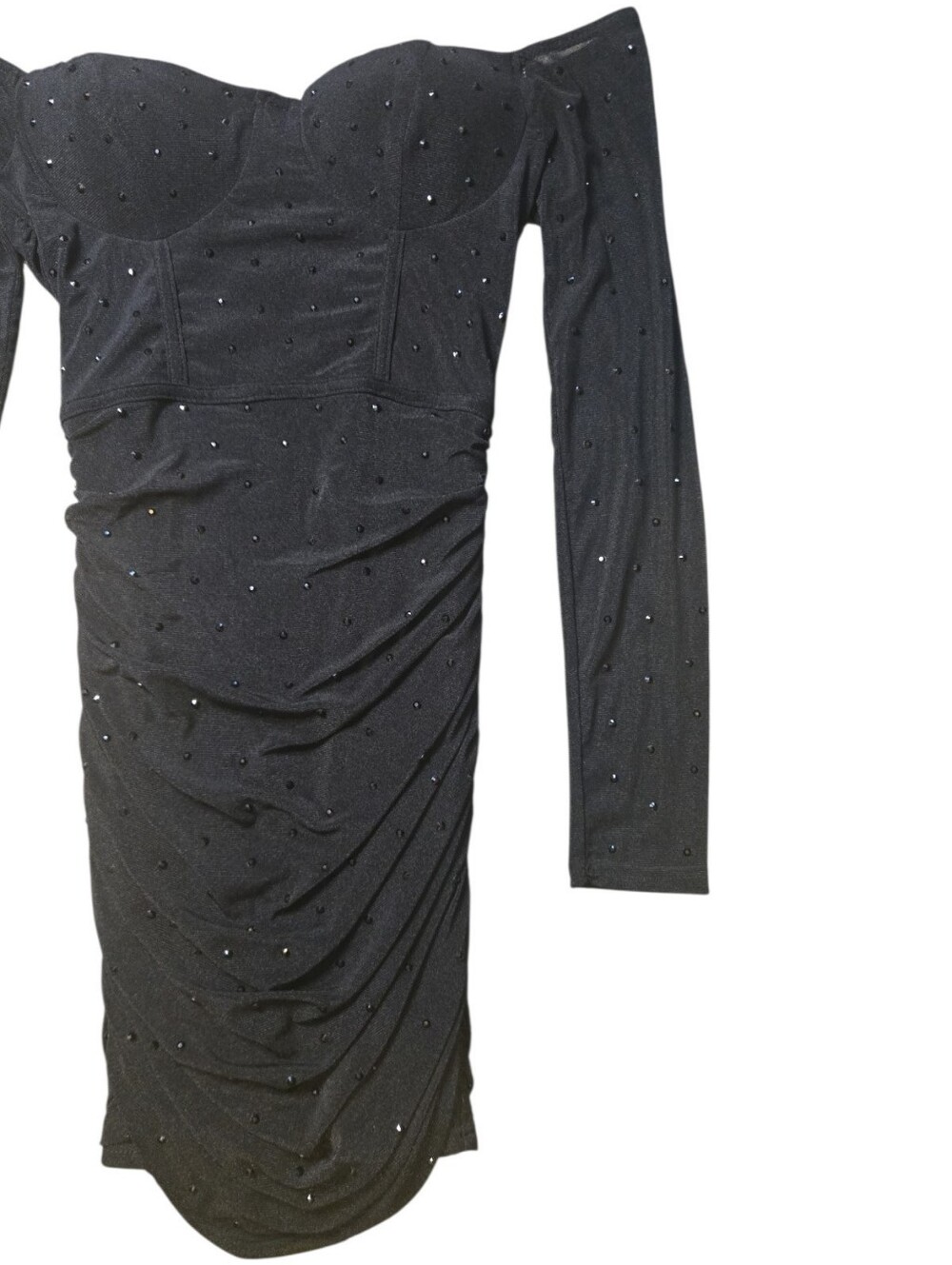 PRIVY Black Rhinestone Mesh Ruched Mini Dress Long Sleeve Size S PD71616E